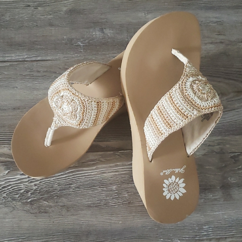 Yellow box flip flop wedge